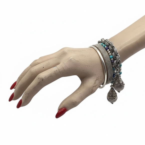 Vintage Monet Bolero Bracelet, Silver Tone Charm Bracelet, Dangling Textured Bal - Picture 11 of 12